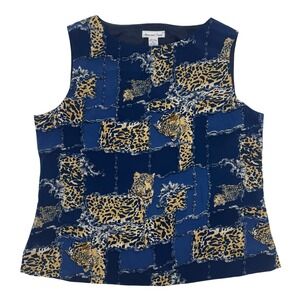 Vintage‎ Anna and Frank Blue Leopard Chain Print 100% Silk Sleeveless Blouse XL